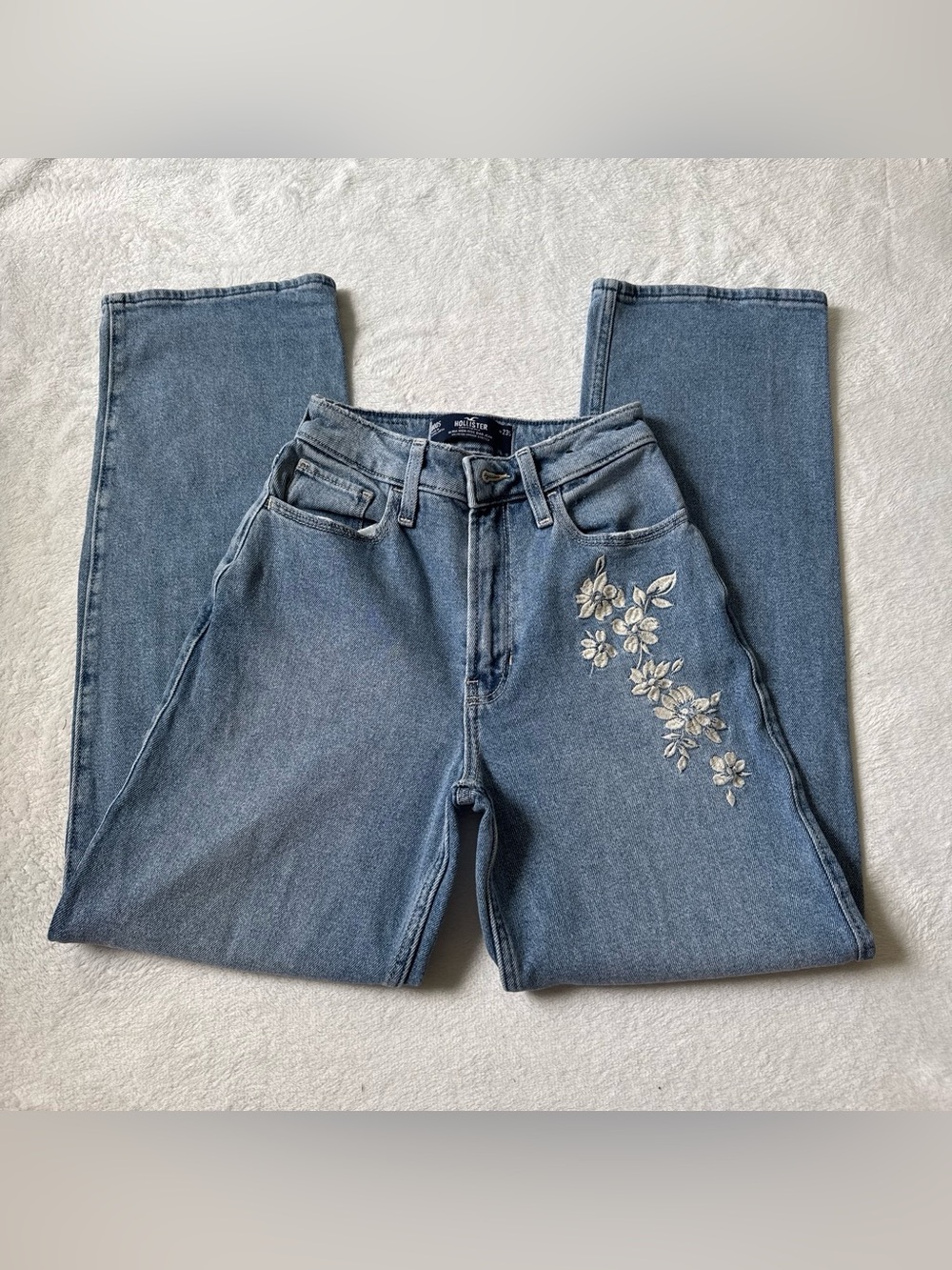Hollister Light Blue Straight Leg Jeans with Cream Floral Embroidery